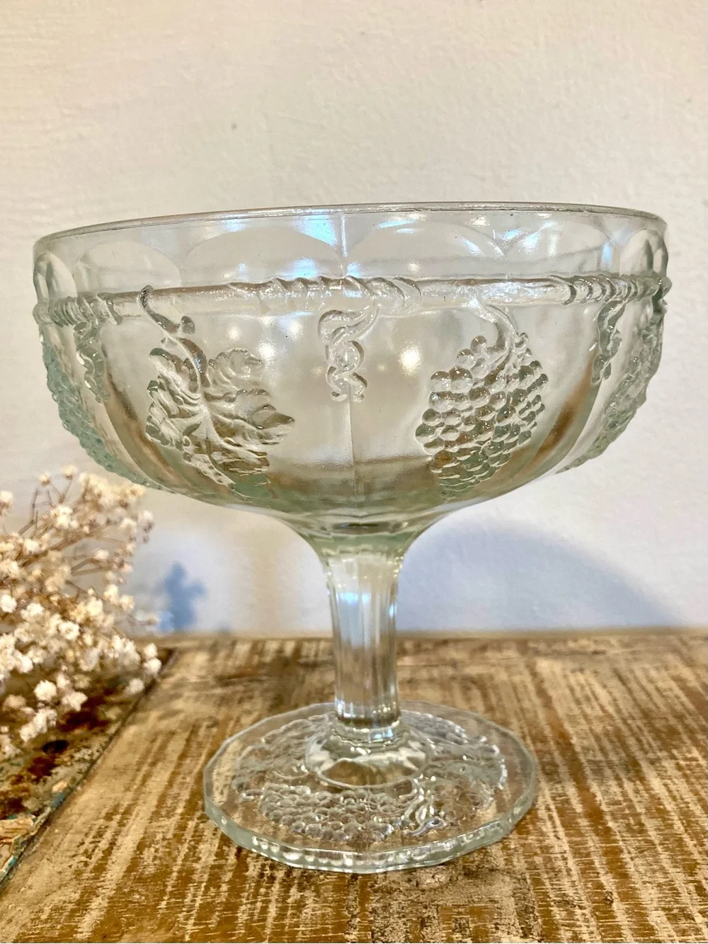 Clear Pressed Glass Compote Serving Bowl with Grape Motif 6” Tall